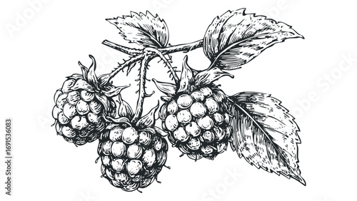 Sketch of Raspberries on a Branch with Leaves. Vector hand drawn illustration