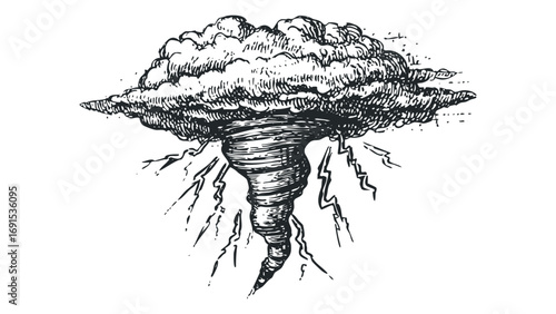 Hand Drawn Tornado Cloud with Lightning Strike. Vector hand drawn illustration