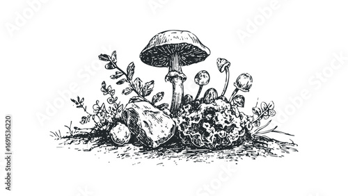 Sketch of forest mushroom cluster with foliage and stone. Vector hand drawn illustration
