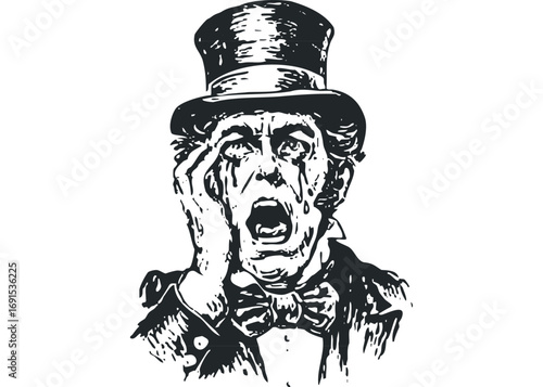 Distressed Man in Top Hat Crying with Hands on Face. Vector hand drawn illustration