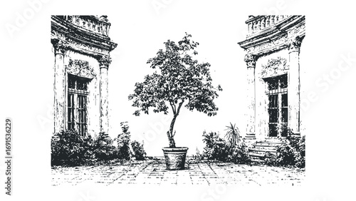 Potted tree with foliage centered between classical architecture structures on a stone patio. Vector hand drawn illustration