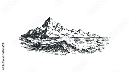 Sketch of rugged mountains rising above turbulent sea waves on a transparent background. Vector hand drawn illustration