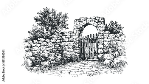 Stone Archway Entrance with Wooden Gate and Lush Foliage on Transparent. Vector hand drawn illustration