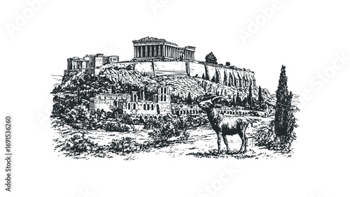 Pencil sketch of ancient Greek ruins on a hilltop with a ram standing in the foreground. Vector hand drawn illustration