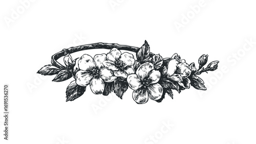 Black and white sketch of blooming apple blossoms with leaves on a branch. Vector hand drawn illustration
