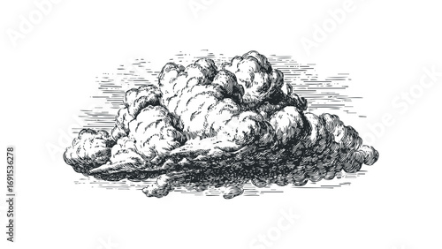 Detailed woodcut illustration of a cumulonimbus cloud formation with crosshatching texture on transparent background. Vector hand drawn illustration