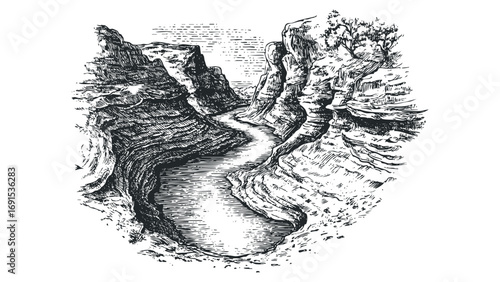 River flowing through a deep canyon with steep rocky cliffs and a single tree. Vector hand drawn illustration