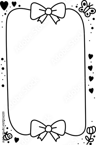 Hand drawn border design, decorative frame with simple lines, including flowers, hearts, bows, wavy lines and cute insects, perfect for stationery, invitations and greeting cards.