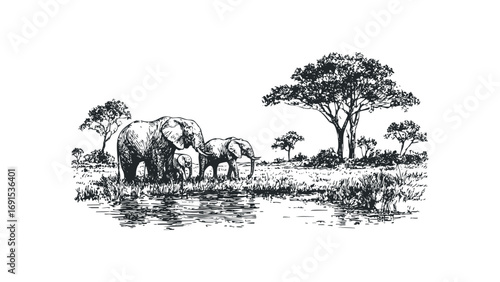 Family of elephants drinking water in a savanna landscape drawing. Vector hand drawn illustration