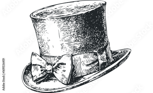 Detailed ink sketch of a formal top hat with a large bow. Vector hand drawn illustration