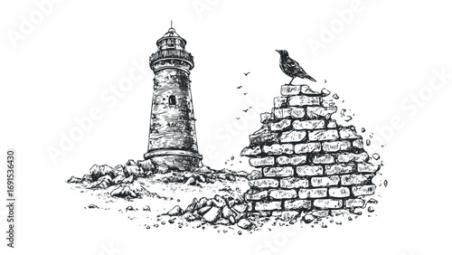 Sketch of a solitary bird perched on a crumbling brick wall near a stone lighthouse. Vector hand drawn illustration
