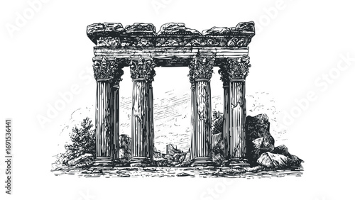 Ancient stone ruin with Corinthian columns and ornate frieze. Vector hand drawn illustration