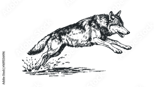 Sketch of a wolf leaping through water on a transparent background. Vector hand drawn illustration