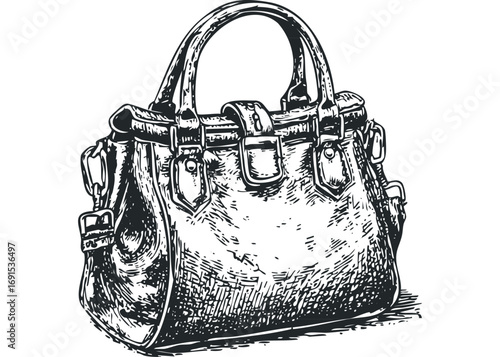Handbag with buckle and straps sketch on transparent background. Vector hand drawn illustration