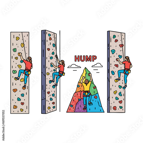 Set of colorful vector illustrations depicting climbers on indoor bouldering walls and a stylized mountain.