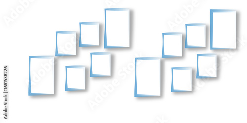 Vector illustration of a wooden frame and icons. Vertical rectangle frame, blue exterior frame overlaid with white frame on white background. Vector stock illustration.	