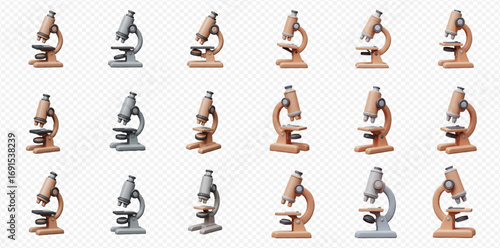 Repeating pattern of stylized microscopes in brown and gray tones on a transparent background.