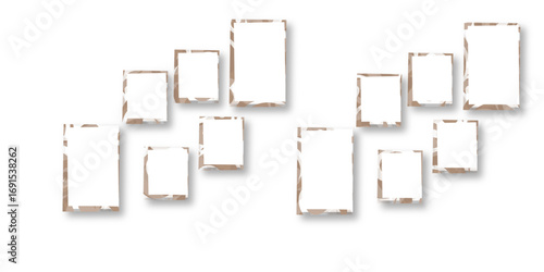 Vector illustration of a wooden frame and icons. Vertical rectangle frame, gray exterior frame overlaid with white frame on white background. Vector stock illustration.	