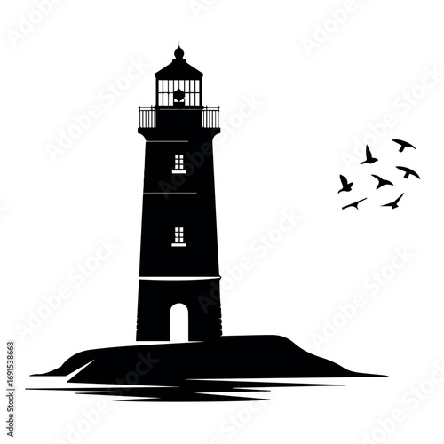 Black lighthouse beacon silhouette vector illustration with flying birds coastal navigation aid guidance