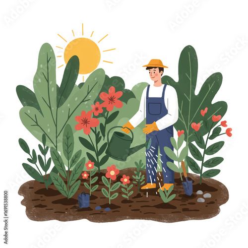 Gardener tending a vibrant flower bed with a watering can and trowel in a sunny garden, depicted in a flat 2D vector style with clean outlines and lush plants.