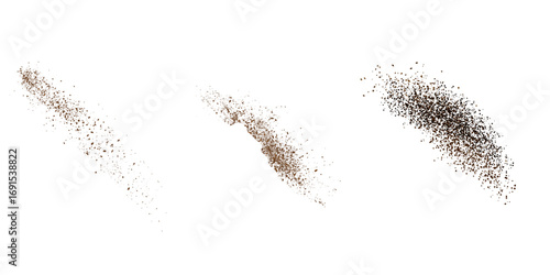Flying coffee or chocolate powder, dust particles in motion, ground splash isolated on light background. Vector illustration.