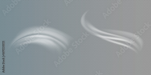 Airflow, white fumes or chilly breeze movement effect, isolated on a transparent background. Realistic vector depiction of abstract wind currents