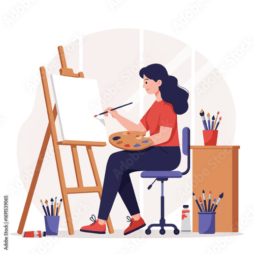 A flat 2D vector illustration depicts a female artist focused on painting a canvas at an easel, holding a palette amidst various art supplies in her bright studio.