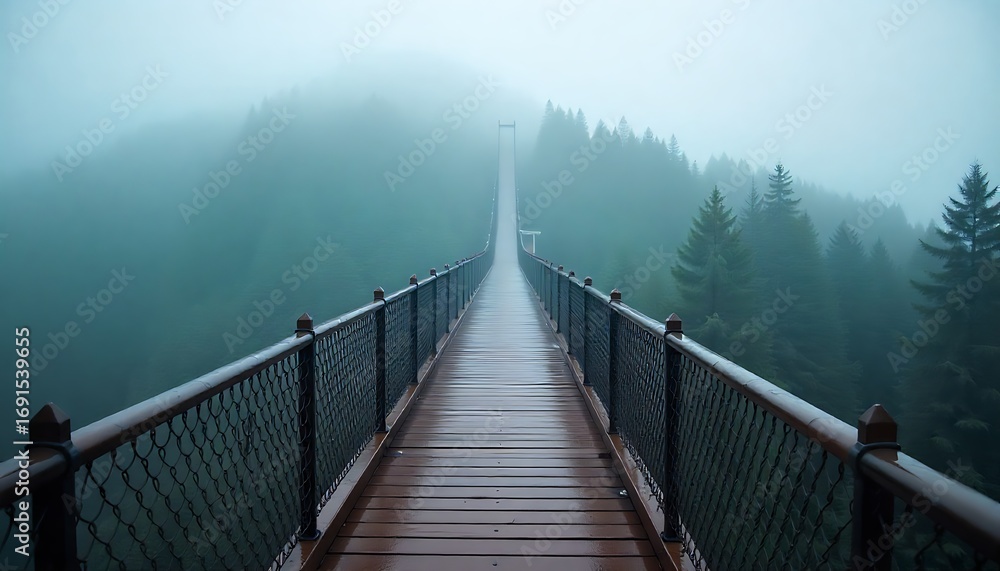 Naklejka premium a Misty Mountain Suspension Bridge, Wooden suspension bridge. Misty atmosphere, way through clouds, path between mountain rocks. Travel destination, created with generative ai