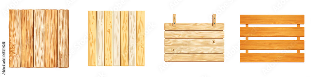 Naklejka premium Set of wooden planks and signs isolated on white background