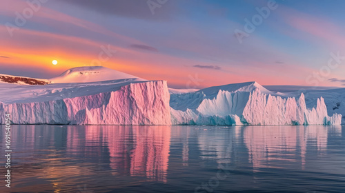 Winter Solstice: Polar Glacier at Sunset with Pink Afterglow, Natural Scenery Travel Background