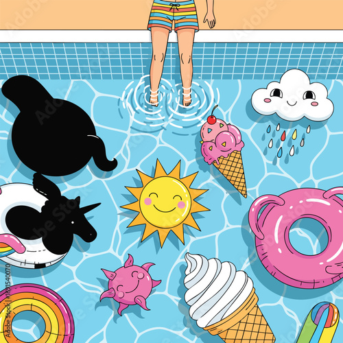 Vibrant cartoon swimming pool filled with fun inflatable floaties ice cream and a smiling sun.