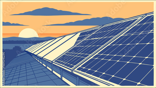 Solar Panels on a Roof at Sunset Clean Energy Illustration Renewable Resource Graphic.
