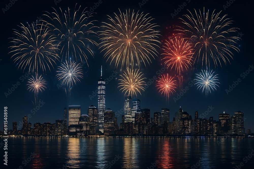 Fototapeta premium Spectacular fireworks display over a city skyline at night