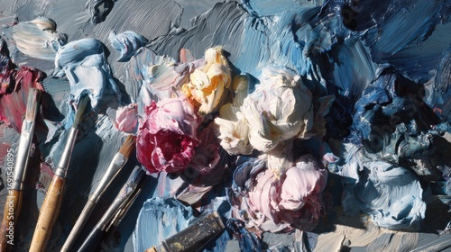 Textured oil painting close-up flowers rendered with thick impasto, alongside artist's paintbrushes. Sky blues and whites form a background wash