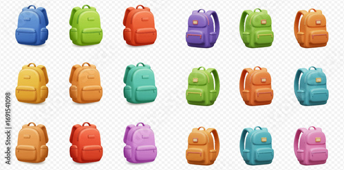 A collection of colorful cartoon backpacks arranged in a grid pattern on a transparent background.
