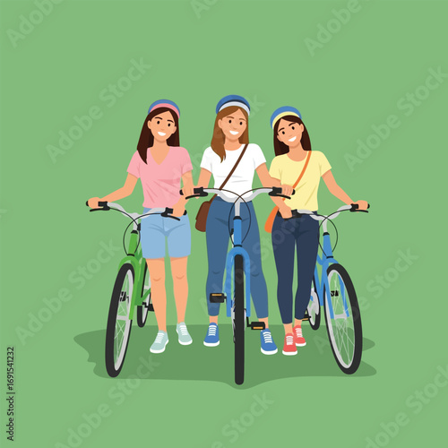 Three smiling young women pose with bicycles, ready for a leisurely ride.