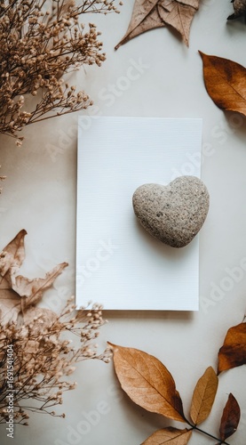 Autumnal flatlay a beige heart rests on a blank white card surrounded by dried flowers and leaves against a creamy backdrop. Neutral tones dominate