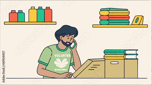 Volunteer sorting donations on phone.