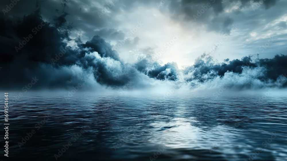 Naklejka premium Misty ocean waves reflect navy tones under dramatic clouds, creating serene yet powerful atmosphere