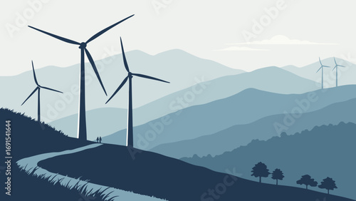Wind turbines on a mountain landscape clean energy nature eco friendly illustration.