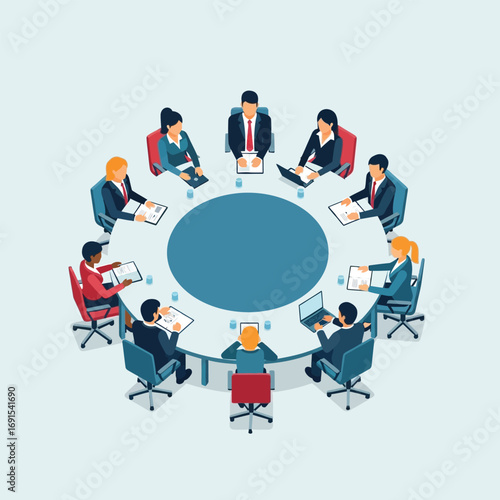 Diverse business professionals seated around a circular table, engaged in a meeting.