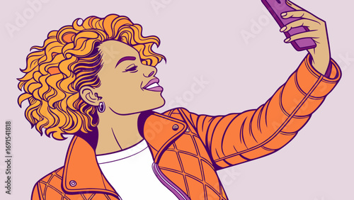 Woman taking a selfie with smartphone Curly hair orange jacket Pop art style illustration.