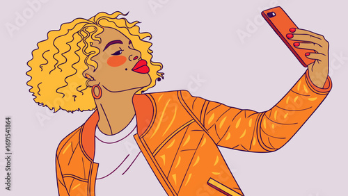 Woman taking selfie with smartphone curly hair orange jacket illustration fashion portrait.