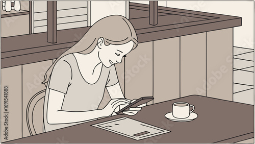 Woman using smartphone at cafe coffee break casual lifestyle illustration.
