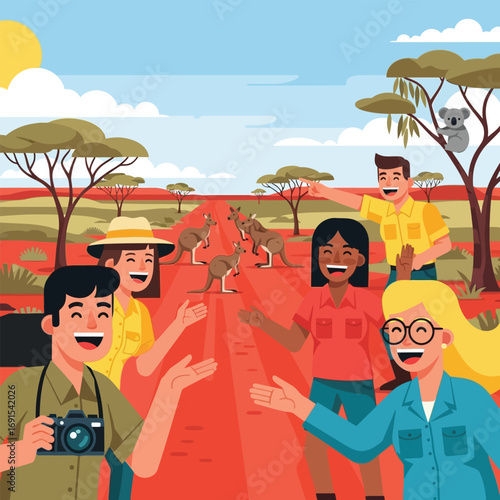 Happy tourists encounter kangaroos and koalas on an Australian outback adventure.