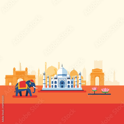 Iconic Indian landmarks and an elephant, a stylized illustration showcasing the Taj Mahal and other famous monuments.