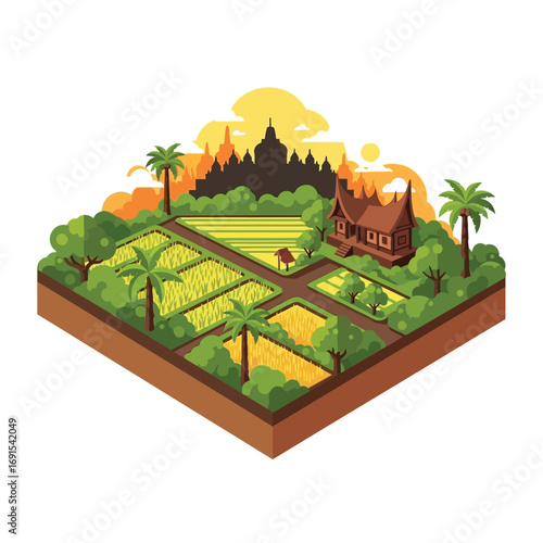 Isometric illustration of a serene Indonesian rice paddy landscape, featuring a traditional house and distant temple at sunset.