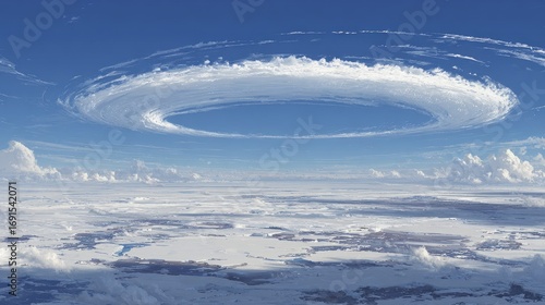 Circular cloud formation in a vast sky, above layered clouds. Dramatic and otherworldly vista. A calming view that captures the beauty of the atmosphere