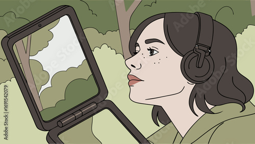 Woman with headphones looking at a screen outdoors nature background illustration.