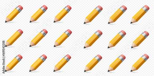 Fifteen yellow pencils with pink erasers arranged in a grid pattern on a transparent background.